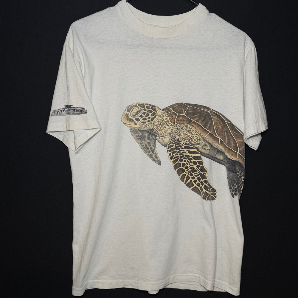 Vtg H T Chittum Sea Turtle Shirt Mens S White Cotton 90s Single Stitch Graphic